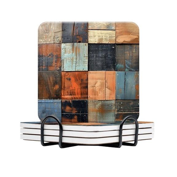 BaHomeck Drink Coasters Set Of 4 With Holder Patchwork Of Various Textured And Colored Wooden Squares Water Absorbent Ceramic Coasters Tabletop Protection,Suitable For Various Cup,Home Decor