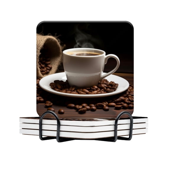 BaHomeck Drink Coasters Set Of 4 With Holder Photo Of Coffee Cup With Steaming Hot Black Espresso Water Absorbent Ceramic Coasters Tabletop Protection,Suitable For Various Cup,Home Decor