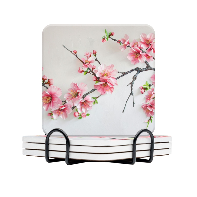 Pink Coaster Set BaHomeck Drink Coasters Set Of 4 With Holder Pink Peach Blossom Flowers ...