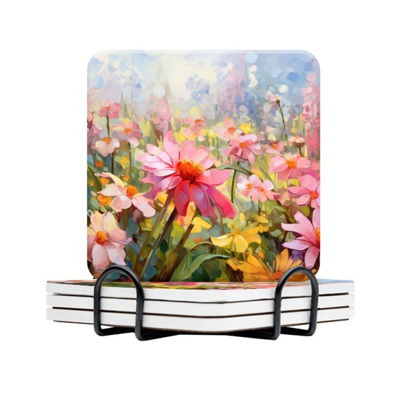 BaHomeck Drink Coasters Set Of 4 With Holder Pink And Yellow Flowers In The Meadow Water Absorbent Ceramic Coasters Tabletop Protection,Suitable For Various Cup,Home Decor