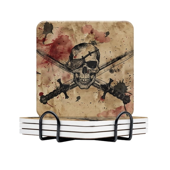 BaHomeck Drink Coasters Set Of 4 With Holder Pirate Flag With Crossed Sabers And Skull Water Absorbent Ceramic Coasters Tabletop Protection,Suitable For Various Cup,Home Decor