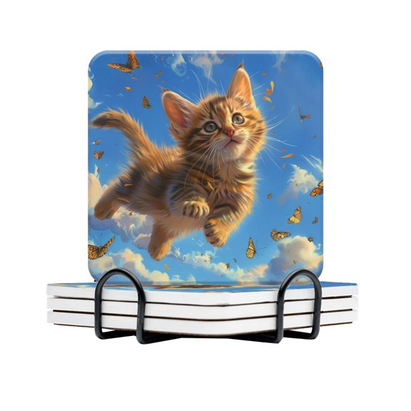 BaHomeck Drink Coasters Set Of 4 With Holder Playful Kitten With Fur Brown And Golden In Color Water Absorbent Ceramic Coasters Tabletop Protection,Suitable For Various Cup,Home Decor