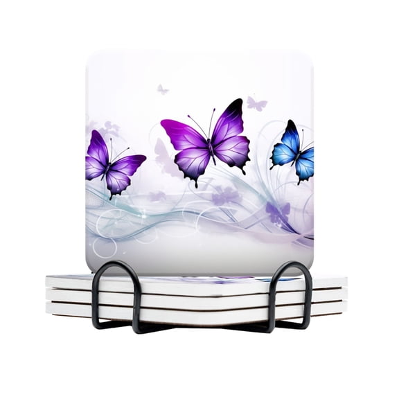 BaHomeck Drink Coasters Set Of 4 With Holder Purple Butterflies Flying With Swirls Of Light Grey Water Absorbent Ceramic Coasters Tabletop Protection,Suitable For Various Cup,Home Decor