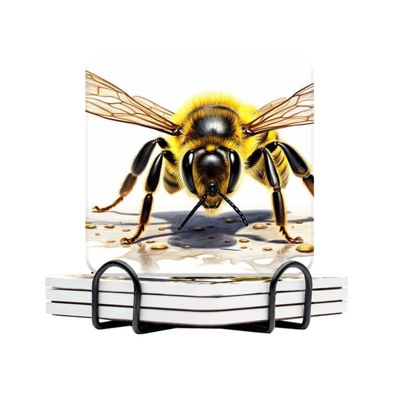 BaHomeck Drink Coasters Set Of 4 With Holder Realistic Color Illustration Of Honey Bee On The Ground Water Absorbent Ceramic Coasters Tabletop Protection,Suitable For Various Cup,Home Decor