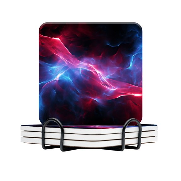 BaHomeck Drink Coasters Set Of 4 With Holder Red And Blue Glowing Energy Waves With Dark Background Water Absorbent Ceramic Coasters Tabletop Protection,Suitable For Various Cup,Home Decor