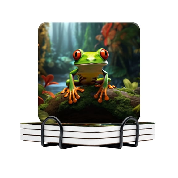 BaHomeck Drink Coasters Set Of 4 With Holder Red-Eyed Tree Frog Sitting On Mossy Log Water Absorbent Ceramic Coasters Tabletop Protection,Suitable For Various Cup,Home Decor