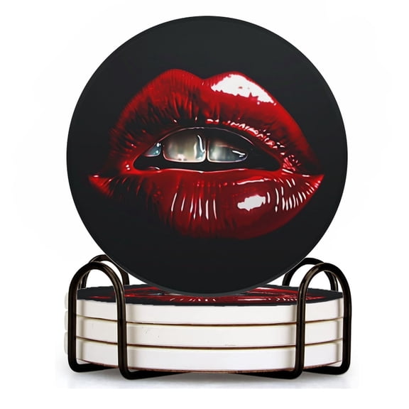 BaHomeck Drink Coasters Set of 4 with Holder Red lips with chrome lipstick, on black background Water Absorbent Ceramic Coasters Tabletop Protection,Suitable for Various Cup ,Home Decor