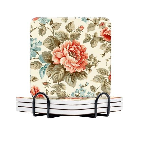 BaHomeck Drink Coasters Set Of 4 With Holder Rococo Floral Pattern With Soft Colors Water Absorbent Ceramic Coasters Tabletop Protection,Suitable For Various Cup,Home Decor