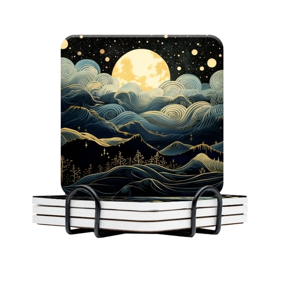 BaHomeck Drink Coasters Set Of 4 With Holder Rolling Hills Under The Moonlight Water Absorbent Ceramic Coasters Tabletop Protection,Suitable For Various Cup,Home Decor