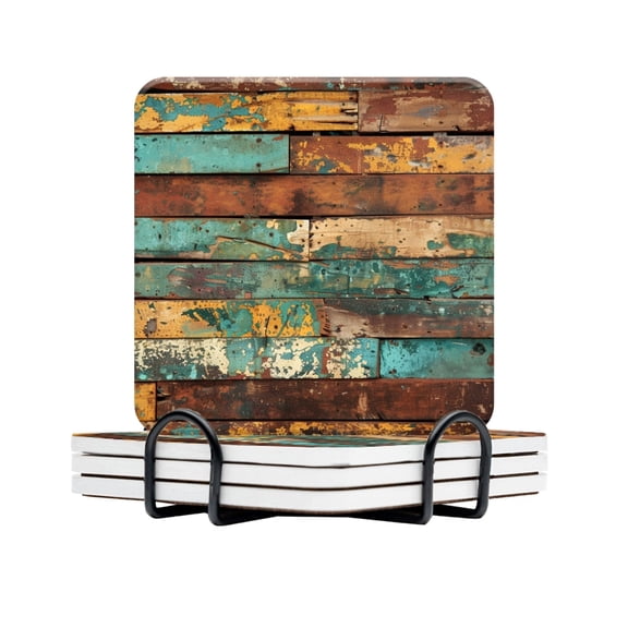 BaHomeck Drink Coasters Set Of 4 With Holder Rustic Wooden Wall With Weathered And Distressed Textures Water Absorbent Ceramic Coasters Tabletop Protection,Suitable For Various Cup,Home Decor