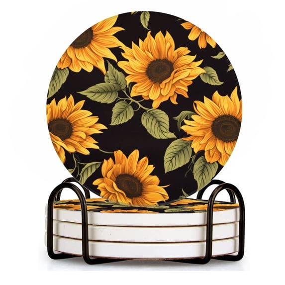 BaHomeck Drink Coasters Set of 4 with Holder Seamless pattern with sunflowers Water Absorbent Ceramic Coasters Tabletop Protection,Suitable for Various Cup ,Home Decor