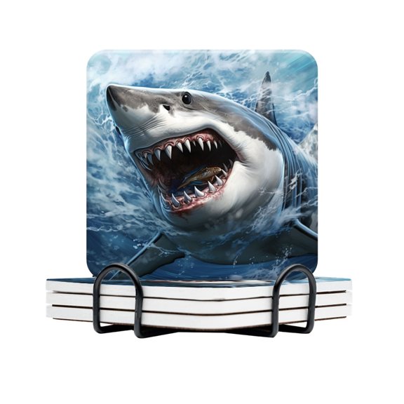 BaHomeck Drink Coasters Set Of 4 With Holder Shark With Mouth Wide Open And Sharp Teeth Water Absorbent Ceramic Coasters Tabletop Protection,Suitable For Various Cup,Home Decor