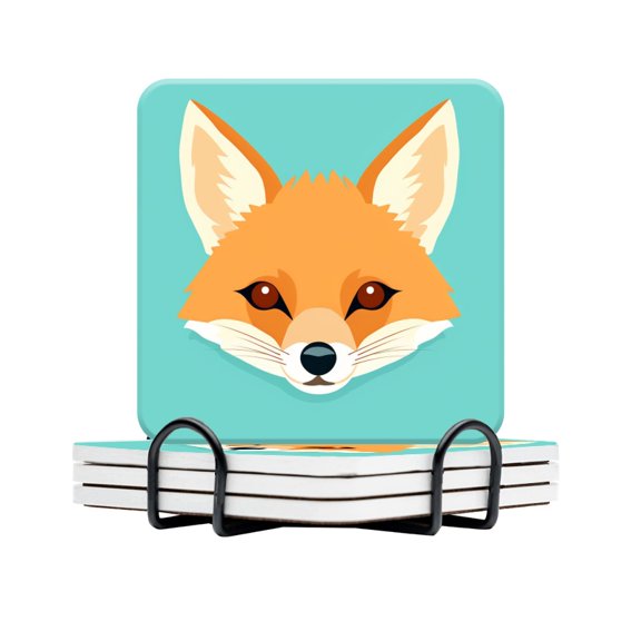 BaHomeck Drink Coasters Set Of 4 With Holder Simple Flat Illustration Of Cute Fox Head Water Absorbent Ceramic Coasters Tabletop Protection,Suitable For Various Cup,Home Decor