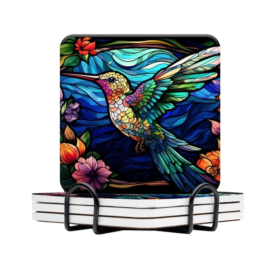 BaHomeck Drink Coasters Set Of 4 With Holder Stained Glass-Style Hummingbird In The Flowers Water Absorbent Ceramic Coasters Tabletop Protection,Suitable For Various Cup,Home Decor