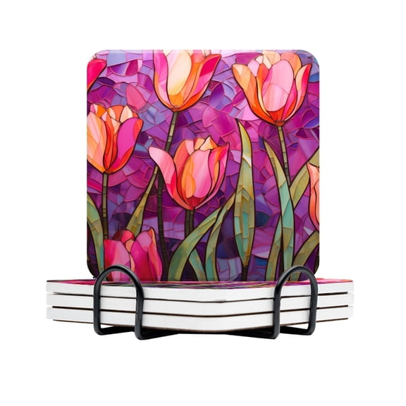 BaHomeck Drink Coasters Set Of 4 With Holder Stained Glass Tulips In Shades Of Pink And Orange Water Absorbent Ceramic Coasters Tabletop Protection,Suitable For Various Cup,Home Decor