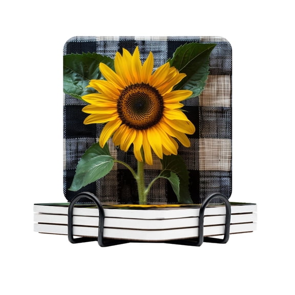 BaHomeck Drink Coasters Set Of 4 With Holder Sunflower On Checkered Water Absorbent Ceramic Coasters Tabletop Protection,Suitable For Various Cup,Home Decor