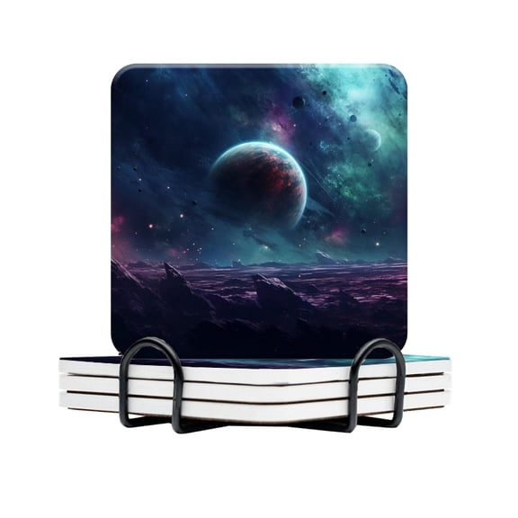 BaHomeck Drink Coasters Set Of 4 With Holder Surreal Space Scene With Planets And Stars Water Absorbent Ceramic Coasters Tabletop Protection,Suitable For Various Cup,Home Decor
