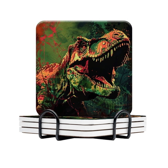 BaHomeck Drink Coasters Set Of 4 With Holder T-Rex With Open Mouth And Sharp Teeth Water Absorbent Ceramic Coasters Tabletop Protection,Suitable For Various Cup,Home Decor