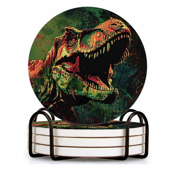BaHomeck Drink Coasters Set of 4 with Holder T-Rex with open mouth and sharp teeth Water Absorbent Ceramic Coasters Tabletop Protection,Suitable for Various Cup ,Home Decor