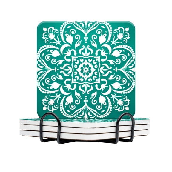 BaHomeck Drink Coasters Set Of 4 With Holder Traditional Indian Motif On An Emerald Green Background Water Absorbent Ceramic Coasters Tabletop Protection,Suitable For Various Cup,Home Decor
