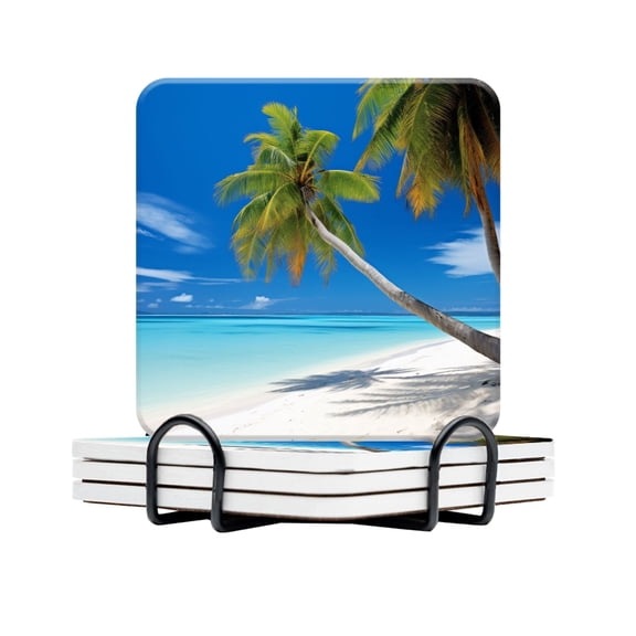 BaHomeck Drink Coasters Set Of 4 With Holder Tropical Beach With Palm Trees And Crystal-Clear Turquoise Water Water Absorbent Ceramic Coasters Tabletop Protection,Suitable For Various Cup,Home Decor