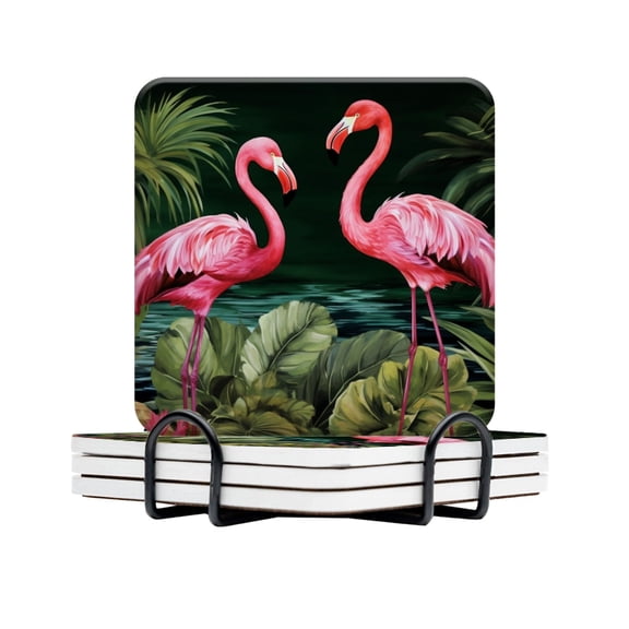 BaHomeck Drink Coasters Set Of 4 With Holder Two Pink Flamingos Stand In Jungle Water Absorbent Ceramic Coasters Tabletop Protection,Suitable For Various Cup,Home Decor