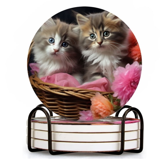 BaHomeck Drink Coasters Set of 4 with Holder Two cute kittens sitting in old metal bucket Water Absorbent Ceramic Coasters Tabletop Protection,Suitable for Various Cup ,Home Decor