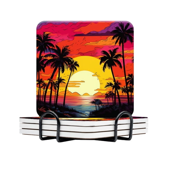 BaHomeck Drink Coasters Set Of 4 With Holder Vector Illustration Of Sunset On The Beach With Palm Trees Water Absorbent Ceramic Coasters Tabletop Protection,Suitable For Various Cup,Home Decor