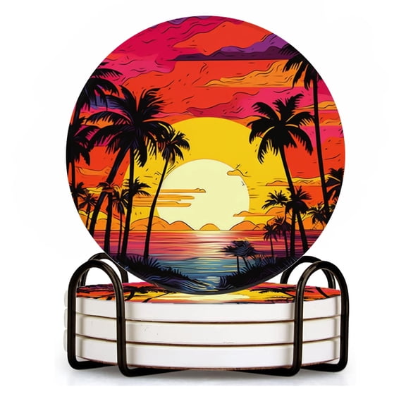 BaHomeck Drink Coasters Set of 4 with Holder Vector illustration of sunset on the beach with palm trees Water Absorbent Ceramic Coasters Tabletop Protection,Suitable for Various Cup ,Home Decor
