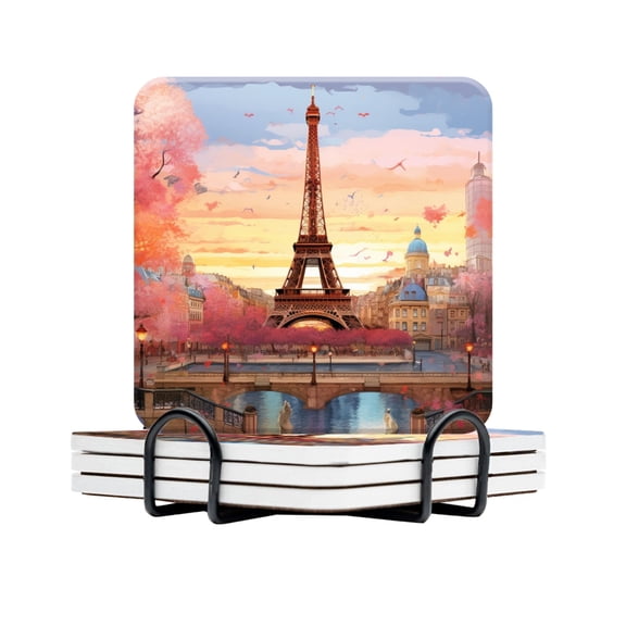 BaHomeck Drink Coasters Set Of 4 With Holder Vibrant Digital Painting Of The Eiffel Tower In Paris Water Absorbent Ceramic Coasters Tabletop Protection,Suitable For Various Cup,Home Decor