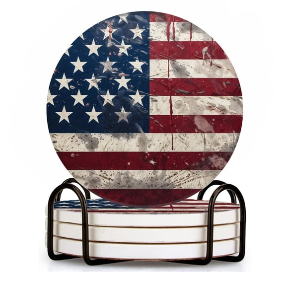 BaHomeck Drink Coasters Set of 4 with Holder Vintage American flag with distressed and weathered texture Water Absorbent Ceramic Coasters Tabletop Protection,Suitable for Various Cup ,Home Decor