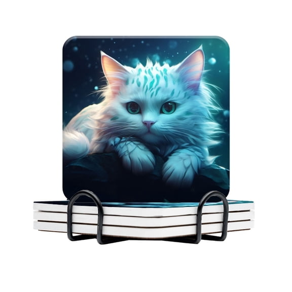 BaHomeck Drink Coasters Set Of 4 With Holder White Cat With Ice Blue Fur Water Absorbent Ceramic Coasters Tabletop Protection,Suitable For Various Cup,Home Decor