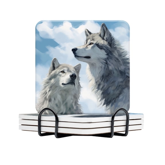 BaHomeck Drink Coasters Set Of 4 With Holder White And Gray Wolves Looking Up At The Sky Water Absorbent Ceramic Coasters Tabletop Protection,Suitable For Various Cup,Home Decor