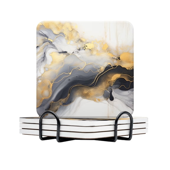 BaHomeck Drink Coasters Set Of 4 With Holder White Marble Print With Gold Glitter Water Absorbent Ceramic Coasters Tabletop Protection,Suitable For Various Cup,Home Decor