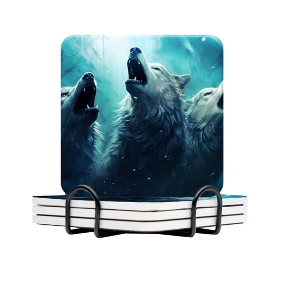 BaHomeck Drink Coasters Set Of 4 With Holder White Wolves Howling In The Style Of Fantasy Art Water Absorbent Ceramic Coasters Tabletop Protection,Suitable For Various Cup,Home Decor