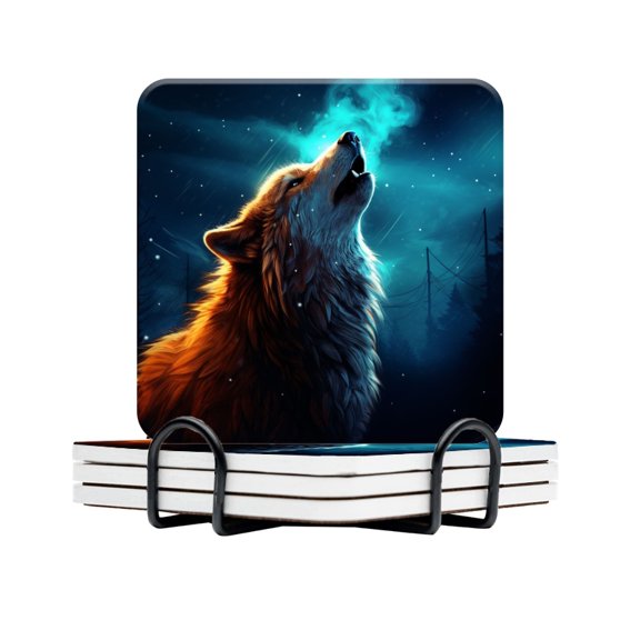 BaHomeck Drink Coasters Set Of 4 With Holder Wolf Howling At The Moon In Enchanted Forest Water Absorbent Ceramic Coasters Tabletop Protection,Suitable For Various Cup,Home Decor