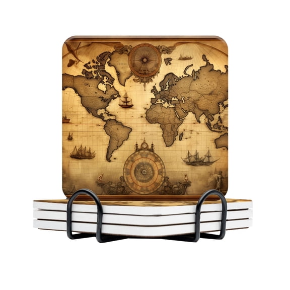 BaHomeck Drink Coasters Set Of 4 With Holder World Map With Old-Fashioned Compass And Ships Water Absorbent Ceramic Coasters Tabletop Protection,Suitable For Various Cup,Home Decor