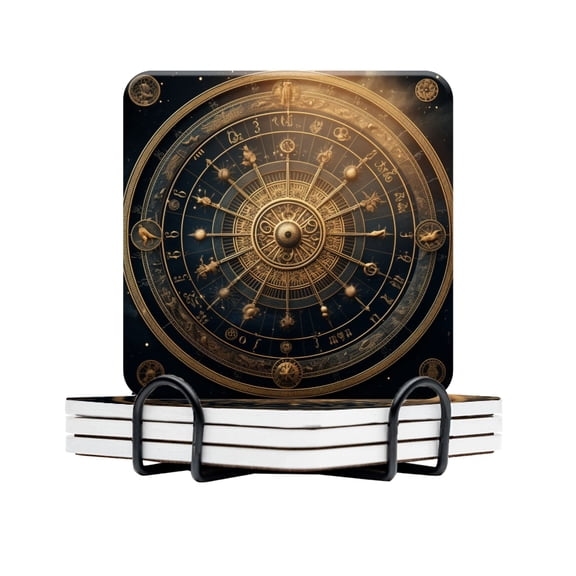 BaHomeck Drink Coasters Set Of 4 With Holder Zodiac Wheel Surrounded By Golden Astrological Water Absorbent Ceramic Coasters Tabletop Protection,Suitable For Various Cup,Home Decor
