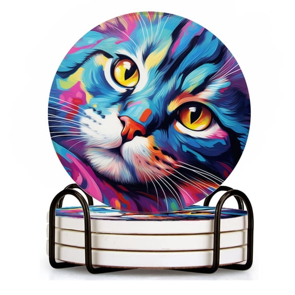 BaHomeck Drink Coasters Set of 4 with Holder adorable cat's face with joy and curiosity Water Absorbent Ceramic Coasters Tabletop Protection,Suitable for Various Cup ,Home Decor