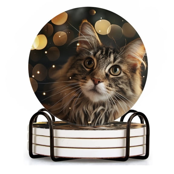 BaHomeck Drink Coasters Set of 4 with Holder adorable cat with soft fur and big eyes Water Absorbent Ceramic Coasters Tabletop Protection,Suitable for Various Cup ,Home Decor