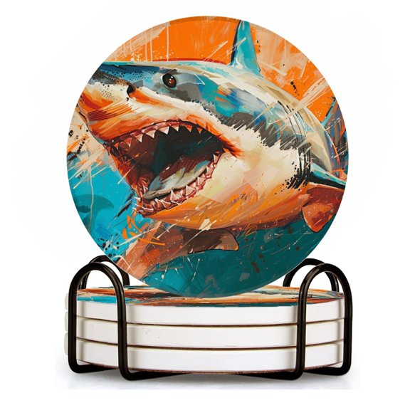 BaHomeck Drink Coasters Set of 4 with Holder aggressive shark with sharp teeth Water Absorbent Ceramic Coasters Tabletop Protection,Suitable for Various Cup ,Home Decor