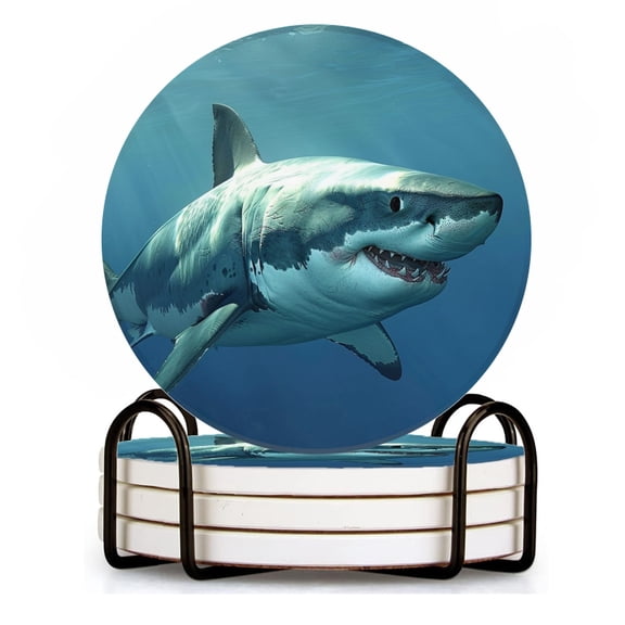 BaHomeck Drink Coasters Set of 4 with Holder angry great white shark in the sea Water Absorbent Ceramic Coasters Tabletop Protection,Suitable for Various Cup ,Home Decor