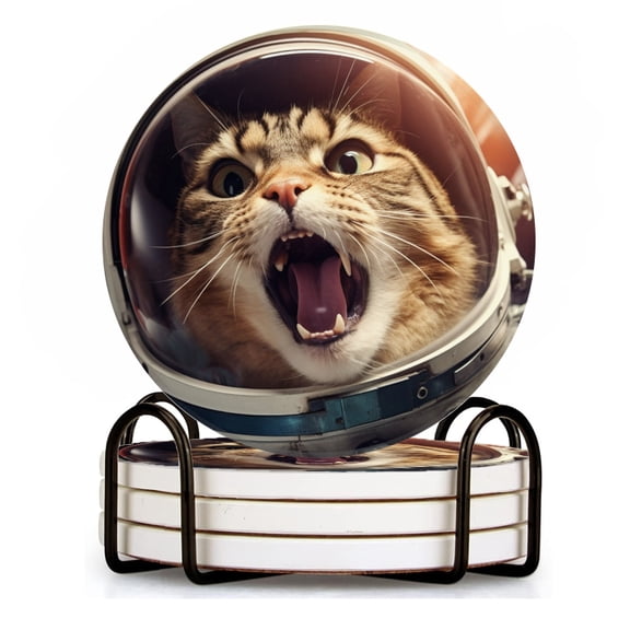 BaHomeck Drink Coasters Set of 4 with Holder astronaut cat mouth open screaming in space helmet Water Absorbent Ceramic Coasters Tabletop Protection,Suitable for Various Cup ,Home Decor