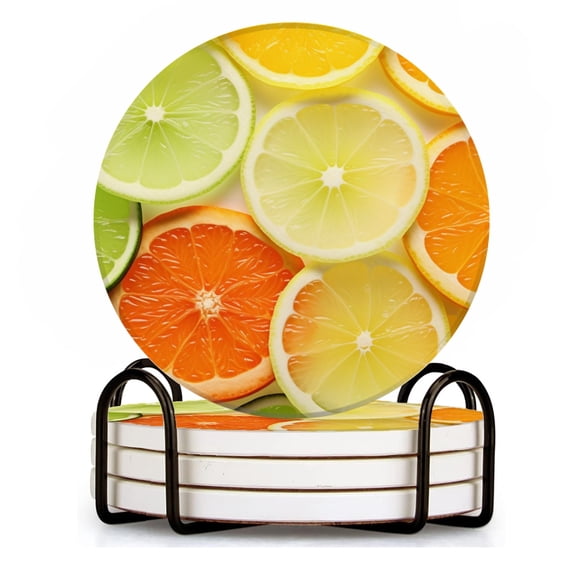 BaHomeck Drink Coasters Set of 4 with Holder background of different citrus slices and orange Water Absorbent Ceramic Coasters Tabletop Protection,Suitable for Various Cup ,Home Decor