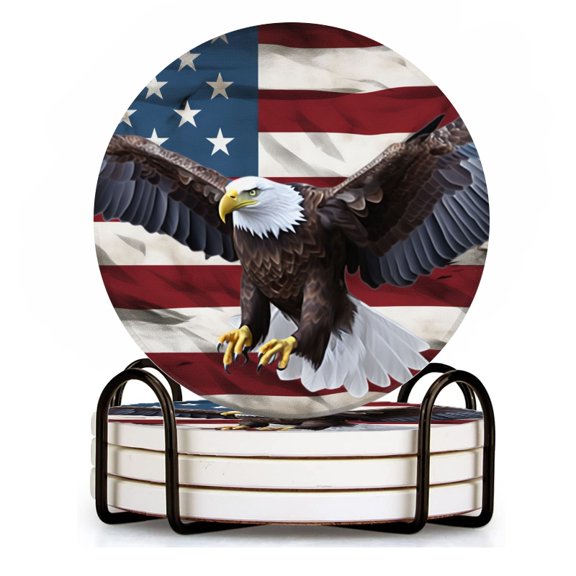 BaHomeck Drink Coasters Set of 4 with Holder bald eagle superimposed over usa flag Water Absorbent Ceramic Coasters Tabletop Protection,Suitable for Various Cup ,Home Decor
