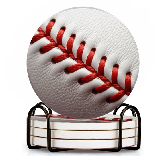 BaHomeck Drink Coasters Set of 4 with Holder baseball stitching on white leather Water Absorbent Ceramic Coasters Tabletop Protection,Suitable for Various Cup ,Home Decor