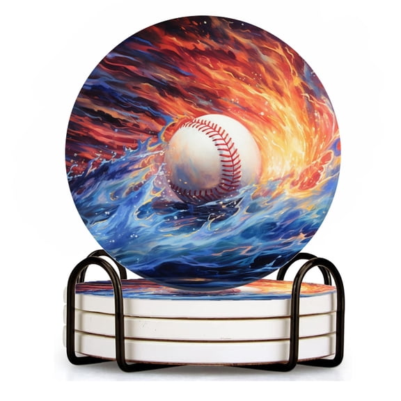 BaHomeck Drink Coasters Set of 4 with Holder baseball surrounded by swirling water and flames Water Absorbent Ceramic Coasters Tabletop Protection,Suitable for Various Cup ,Home Decor