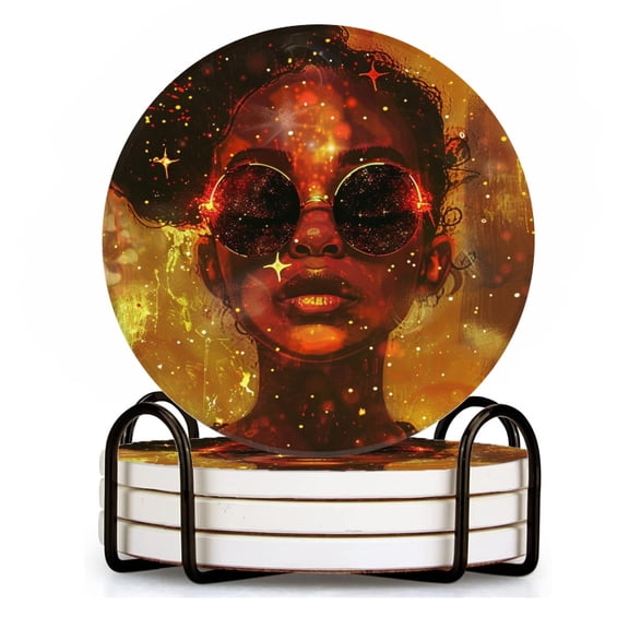 BaHomeck Drink Coasters Set of 4 with Holder beautiful Black woman wearing round sunglasses Water Absorbent Ceramic Coasters Tabletop Protection,Suitable for Various Cup ,Home Decor