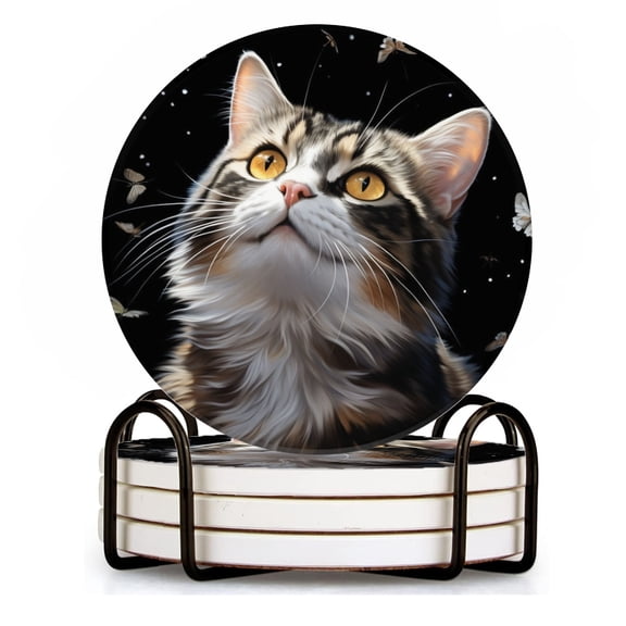 BaHomeck Drink Coasters Set of 4 with Holder beautiful cat with long white and black fur Water Absorbent Ceramic Coasters Tabletop Protection,Suitable for Various Cup ,Home Decor