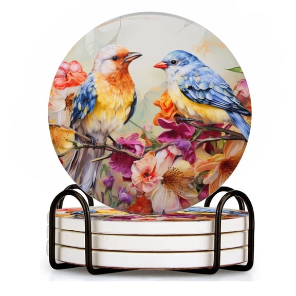 BaHomeck Drink Coasters Set of 4 with Holder beautiful colorful birds sitting on the branches Water Absorbent Ceramic Coasters Tabletop Protection,Suitable for Various Cup ,Home Decor
